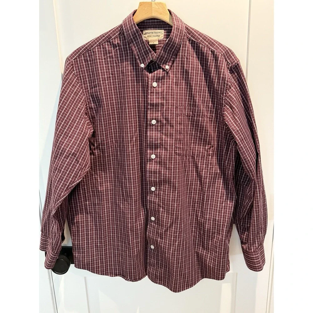 Duluth Trading Shirt Men Large Red Check Button Down Long Sleeve Wrinkle Fighter - Picture 2 of 4